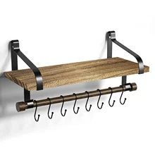 

Floating Shelf Wall Shelf for Storage Rustic Wood Kitchen Spice Rack with Towel Bar and 8 Removable Hooks for Organize Cooking U