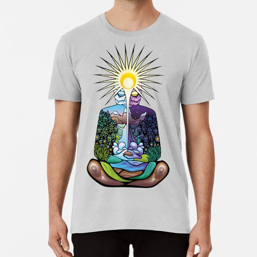 Psychedelic meditating Nature-man T shirt psychedelic nature man meditation buddhism trippy zen om landscape buddha