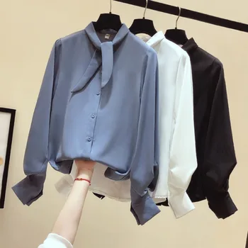 

2020 French lantern sleeve shirt women's design sense niche loose bowknot long sleeve top