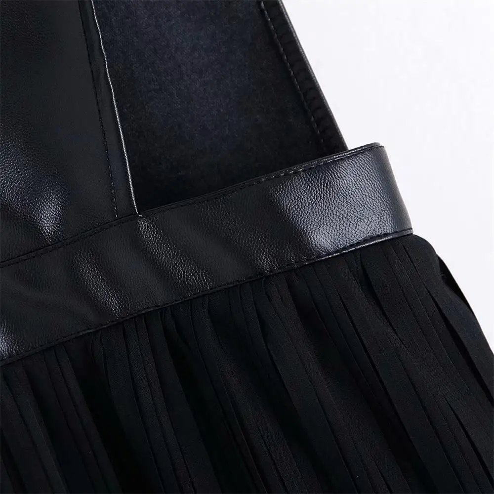 Новое плиссированное платье средней длины из искусственной кожи с v образным