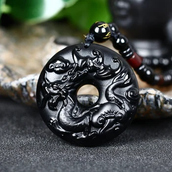 

Natural Black Obsidian Beads Necklace Hand-Carved Zodiac Dragon Safety Button Jade Pendant Fashion Charm Jewelry Amulet Gifts