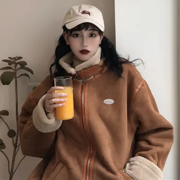 

Women Autumn Winter Korea Style Thick Warm Lamb Wool Lined Oversized Stand Collar Straight Patchwork Casual Femal Coat