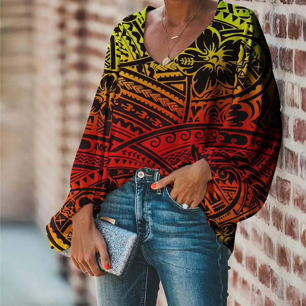 

Doginthehole Autumn Women Chiffon Blouse Gradient Polynesian Tranditional Flowers Tattoo Print Long Sleeve Casual Loose Tops