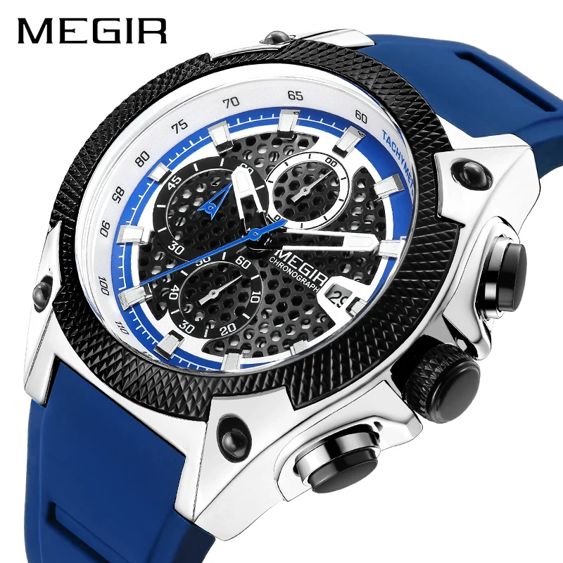 

MEGIR Men Sport Watch Relogio Masculino Blue Silicone Strap Mens Watches Top Brand Luxury Luminous Waterproof Quartz Watch Man