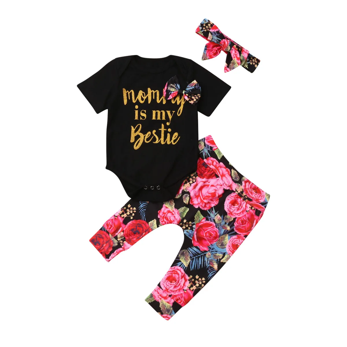 

New 3Pcs Infant Baby Girl Letters Print Tops Romper+Floral Pants+Headband Jumpsuit Playsuit Summer Outfit Clothes