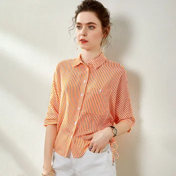 

Designer Orange Stripe Silk Blouses Women Summer Fringe Single Breasted Shirt Office Ladies Tops High Quality Clothes 2020 New