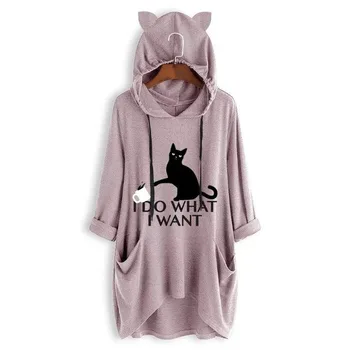

2020 Spring Summer Top Shirts Women Casual Print Cat Ear Hooded Shirt Long Sleeves Pocket Irregular Fashion Female Kawaii