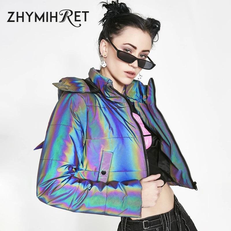 ZHYMIHRET зимняя куртка светоотражающие парки с капюшоном для женщин с длинным рукавом на молнии голографическая толстая верхняя одежда Готическая флисовая куртка для мужчин