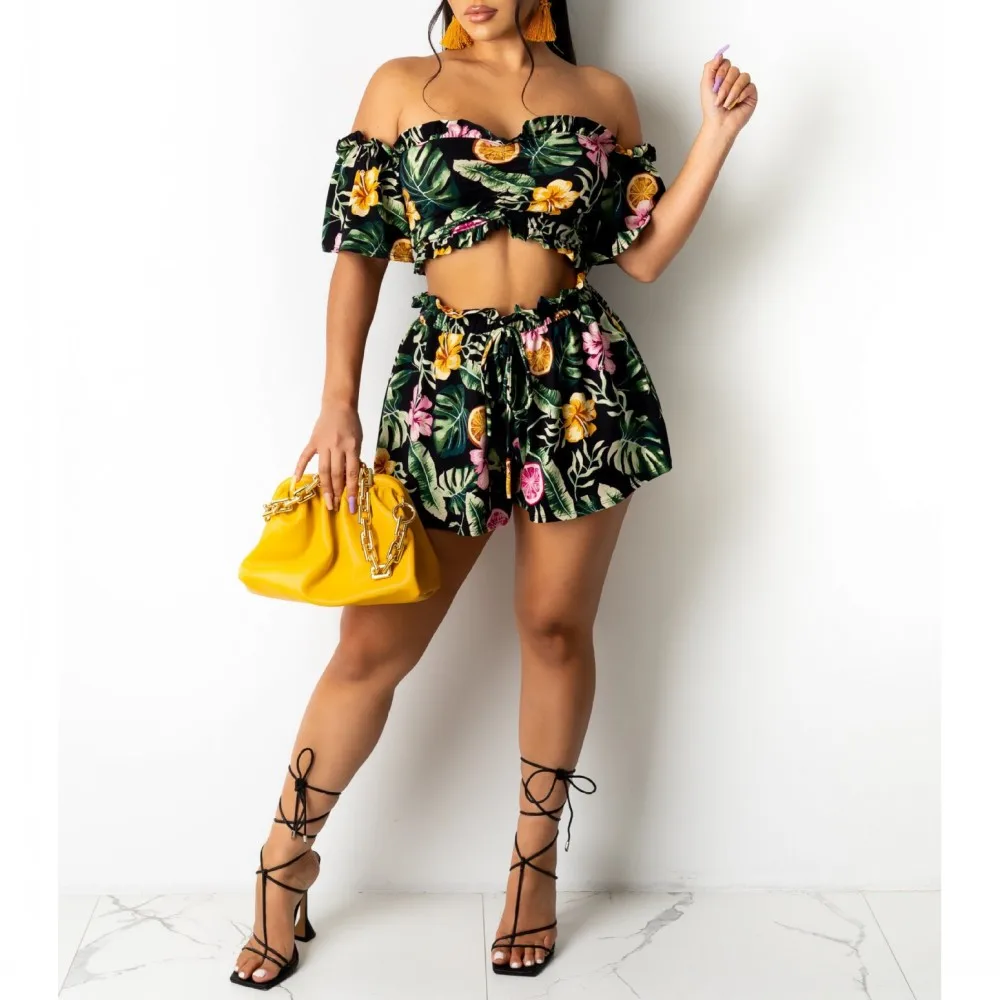 2 Piece Fashion Women Set Printed Crop Top And Shorts Matching Set Two-piece Casual Suit Female Off Shoulder Club Outfits Summer
