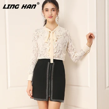 

LINGHAN Designer Spring Summer 2020 Women Suit Long Sleeve Sexy Lace Shirt + Rivelts Mini Skirt Two Piece Holiday Set