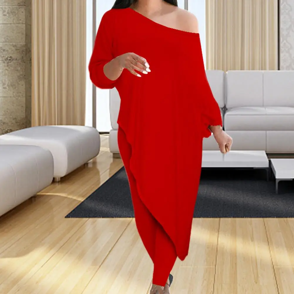 

Female 2Pcs/Set Unique Ladies Loose Blouse Skinny Trousers Suit Comfortable Pencil Pants Slash Neck for Outdoor