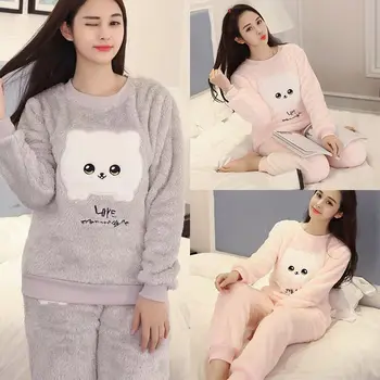 

Autumn Winter Pyjamas Sets Women Warm Flannel Thick Coral Velvet Long Sleeve Cartoon Sleepwear Thin Flannel Pajamas Set for Girl