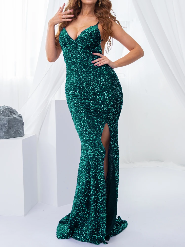 Shiny Green Deep V Neck Sequin Mermaid Maxi Dress Backless Stretch Split Front Sleeveless Open Back Evening Night Party Gown