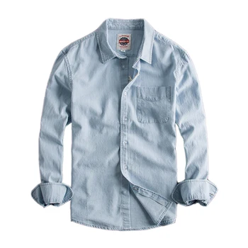 

Japanese Harajuku Light Wash Denim Shirt for Men Urban Boys Streetwear Button Up Long Sleeve Jeans Shirt Plus Size