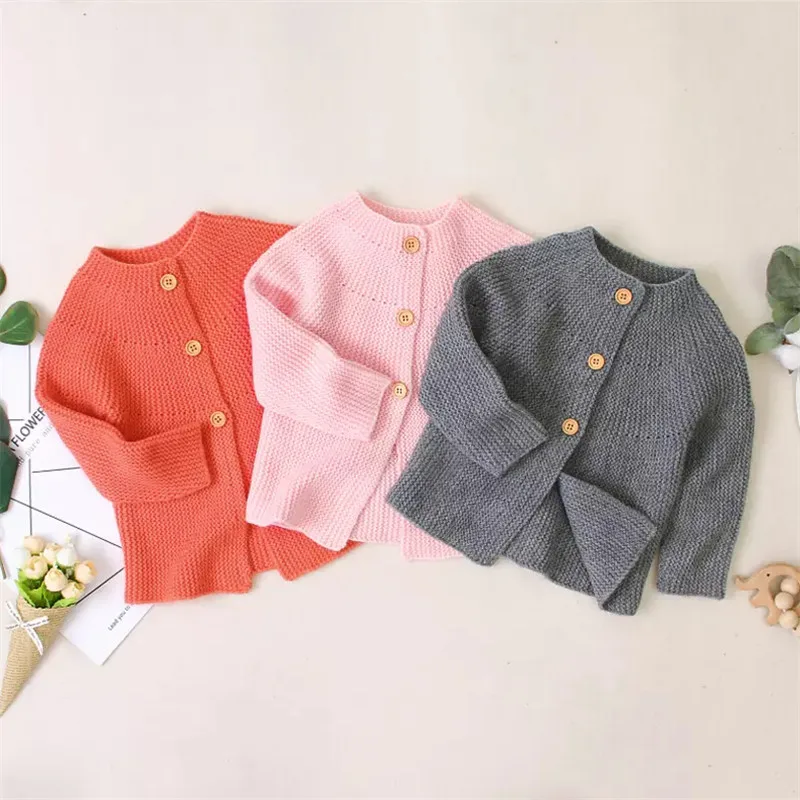 Однотонный вязаный свитер, куртка, пальто, верхняя одежда, топы для новорожденных девочек, осенне-зимняя одежда серого и розового цвета