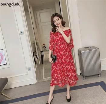 

Poungdudu maternity pregnant women dress floral chiffon maternity dress strapless long section Korean version of the maternity