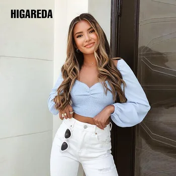 

HIGAREDA Women Fashion Off Shoulder T-shirt Slim Crop Tops V-neck Long Sleeve Femme Tees Summer Streetwear Lady Office Elegant