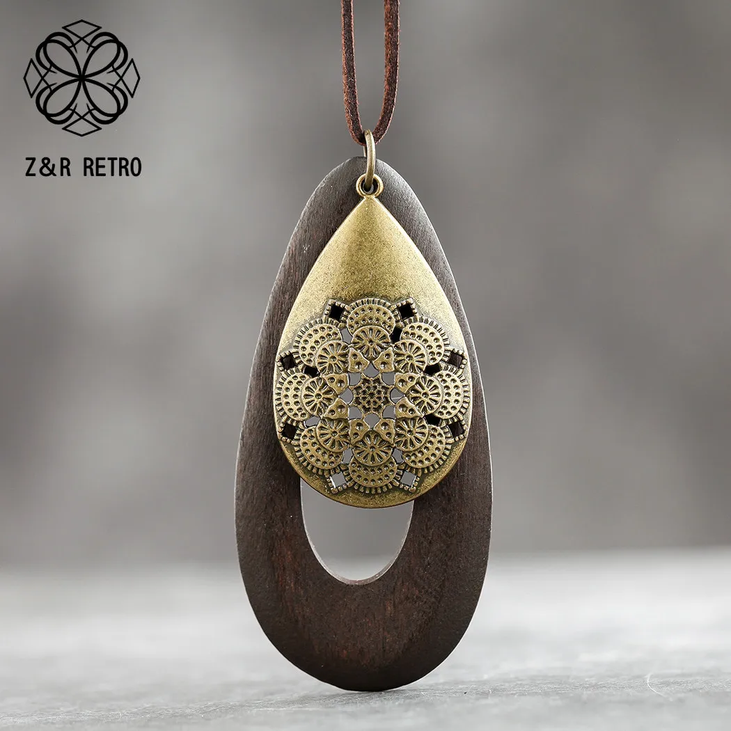 Wooden Necklaces Pendants Sweater-Accessories Gifts Long-Chain Fashion Jewelry Handmade