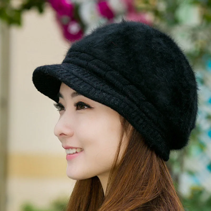 Dilidala, Осень-зима, женские вязаные шапки, женский берет, плюс бархат, Корейская шапка из кроличьего меха,, зимние шапки для женщин - Цвет: Black