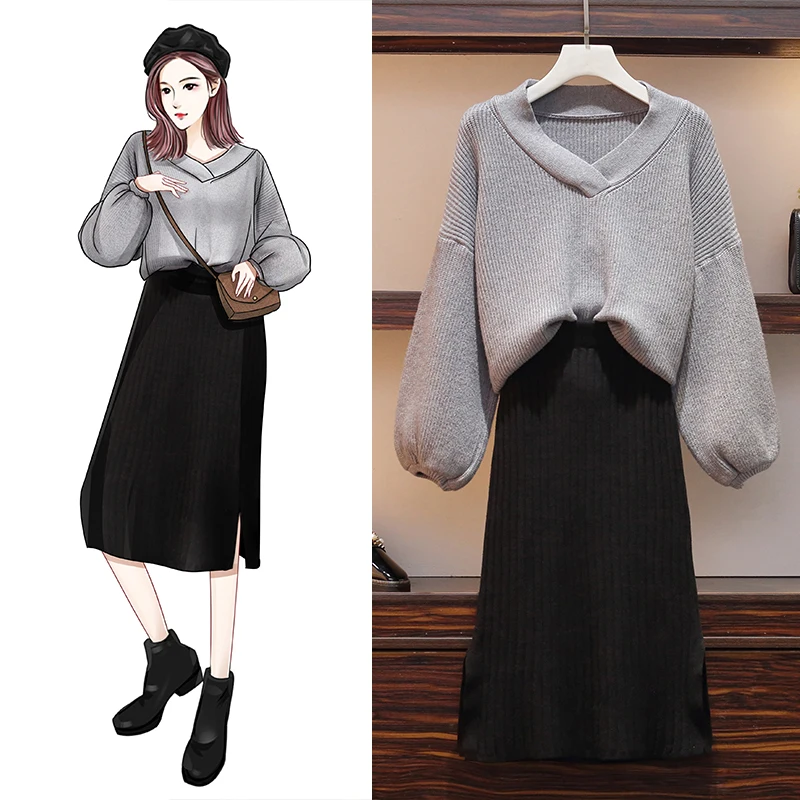 

Large-size Women's Dress 19 Autumn And Winter Fashion Net Red Loose Sweater Skirt Two-piece Knitted Suit Tide