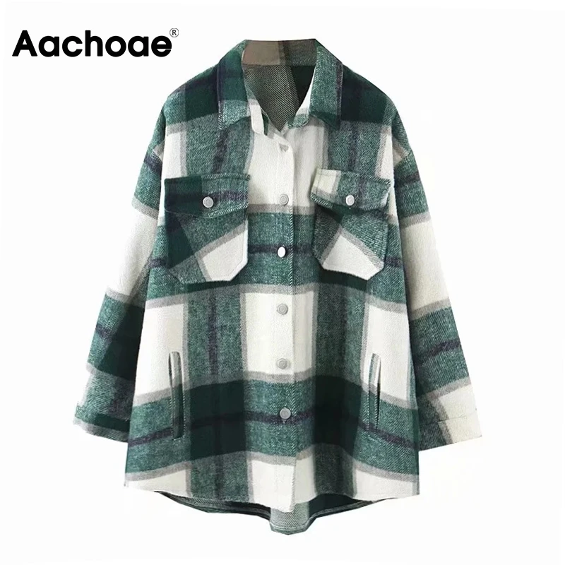 Aachoae Loose Casual Wool Plaid Jacket Women Turn Down Collar Fashion Coat With Pockets Autumn Long Sleeve Ladies Jackets Coats