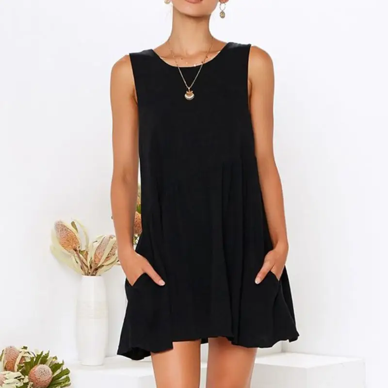 

Women Summer Sleeveless Mini Swing Tank Dress Solid Color Sexy Backless Oblique High Waist Causal Loose Sundress With Pockets