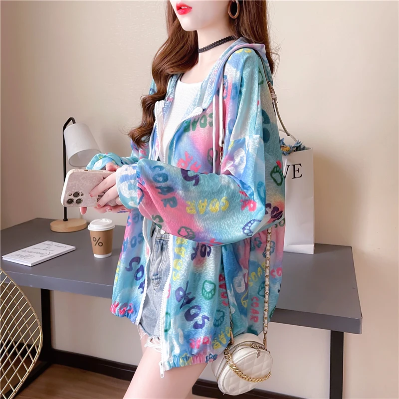 DAYIFUN-Women's Thin Jacket with Letter Printed Cardigans Sun Protection Clothing Hooded Zipper Shirts Female Outerwear Summer