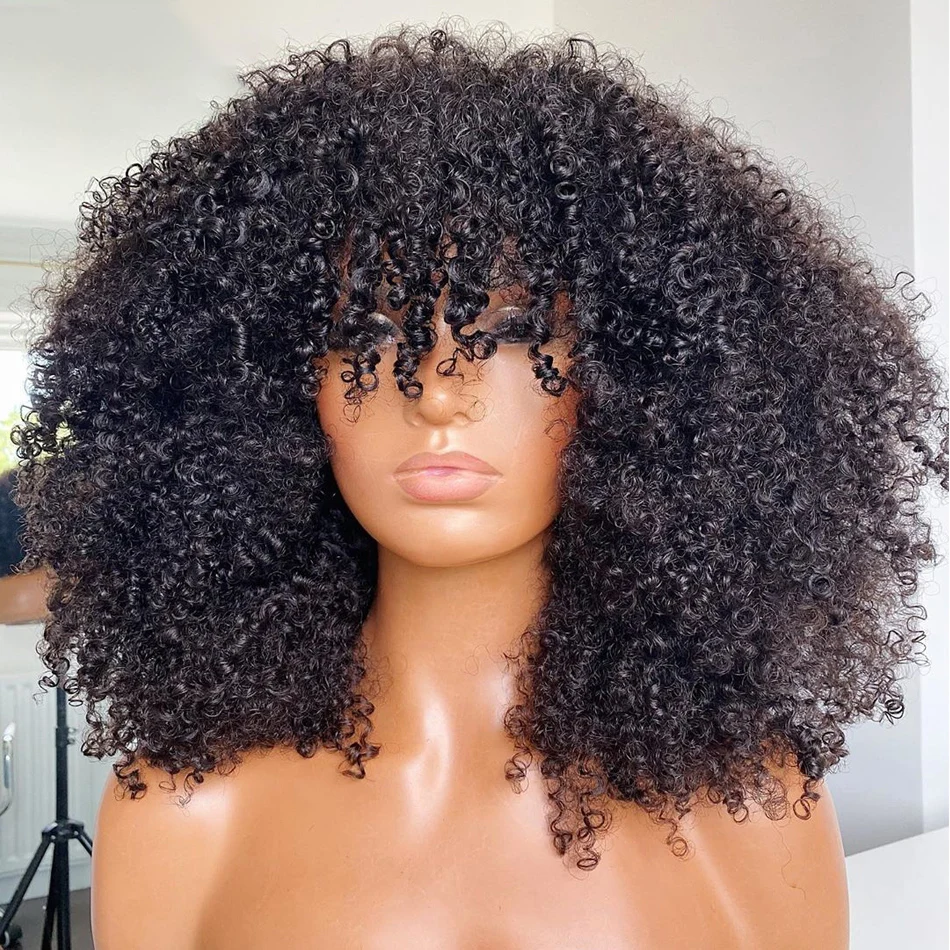 Kinky Curly Full Machine Made Wigs Brazilian Human Hair Cheap Afro Curly Short Bob Wigs With Bangs For Black Women Natural Color