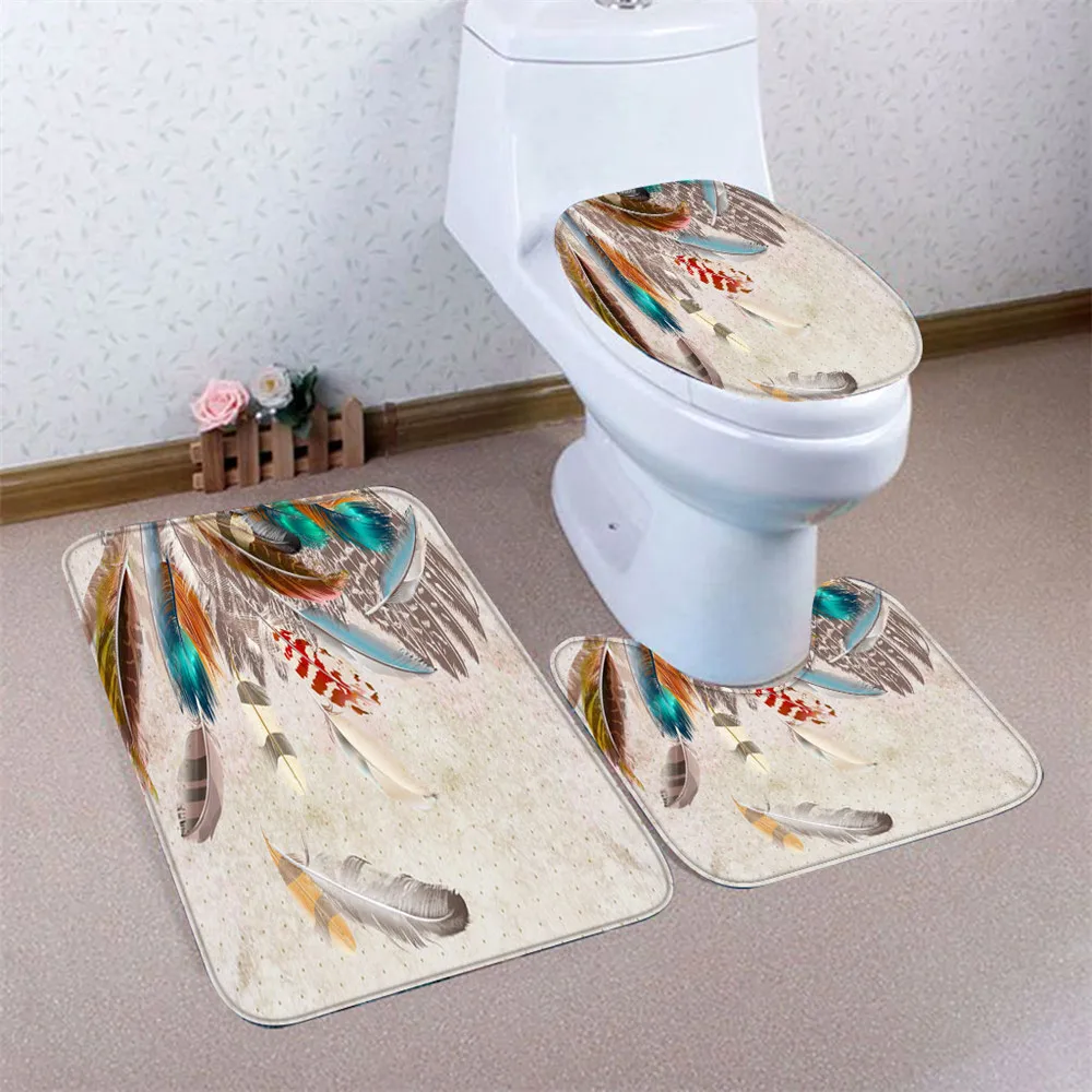 3pcs Bathroom Mats Set Feather series Shower Curtain Anti-Slip Pedestal Rug Lid Toilet Cover Shower Floor Toilet Rug Carpet