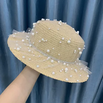 

2020 new holiday straw hat pearl mesh sun hat seaside beach shade sunscreen rhinestone hat female