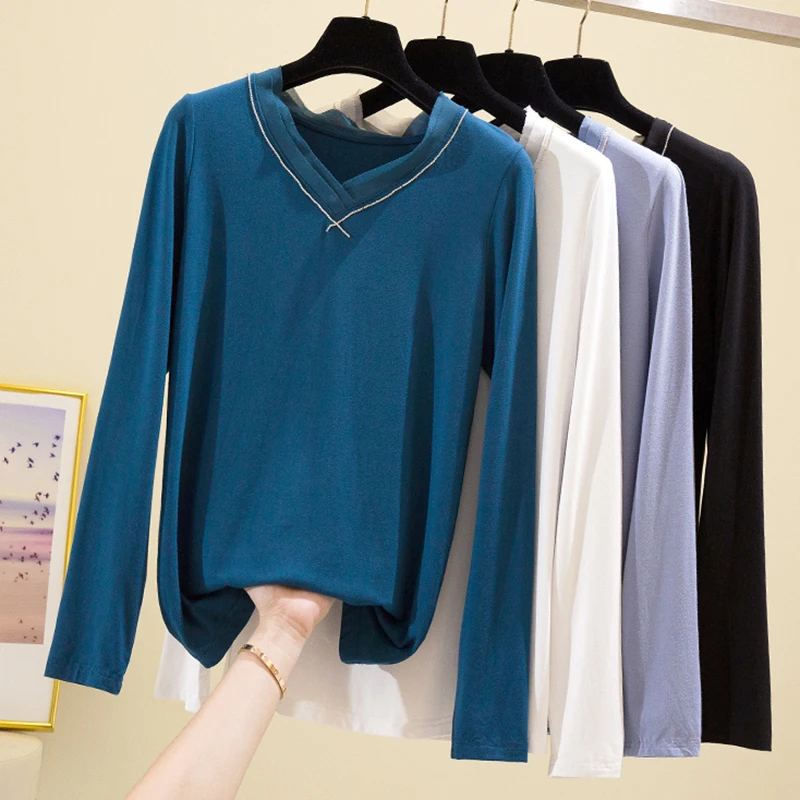 

2020 Long Sleeve T Shirt Women Autumn Tops Slim Lace Diamonds T-Shirt Female Korean Cotton Tshirt Woman Clothes Tee Shirt Femme