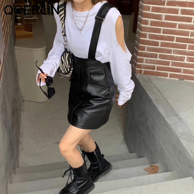 Gonna a bretelle in pelle PU nuova coreana qofficlin gonna corta sopra il  ginocchio femminile Plus Size studenti di moda vita alta prendisole nere -  AliExpress Women's Clothing
