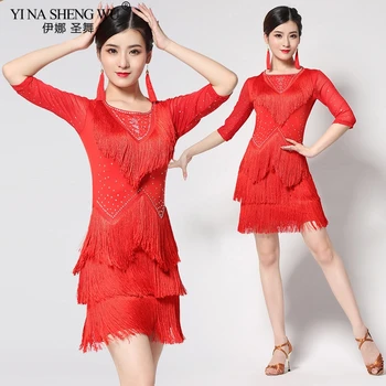 

Women Competition Dance Clothes Diamond Costume Set Fringe Salsa Dresses Latin Ballroom Dance Dress Wear Stretchy Embroidery