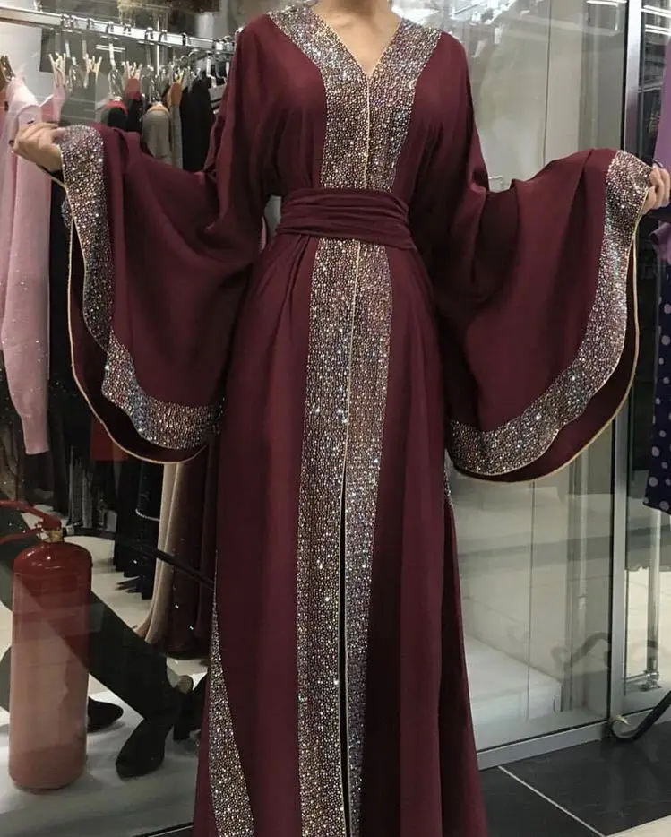Взрывной стиль элегантный Мусульманский Абая Цвет Алмаз атмосферный открытый халат Малайзия марокканский кафтан для женщин одежда с длинными рукавами