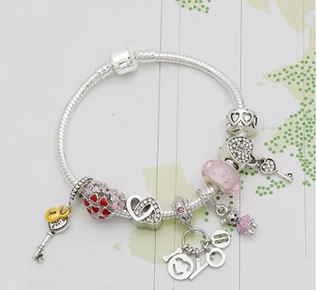 

wholesale DIY Jewelry new pink glass beads cham bracelet with pandent cute Bracelet Birthday Gift charm bracelet