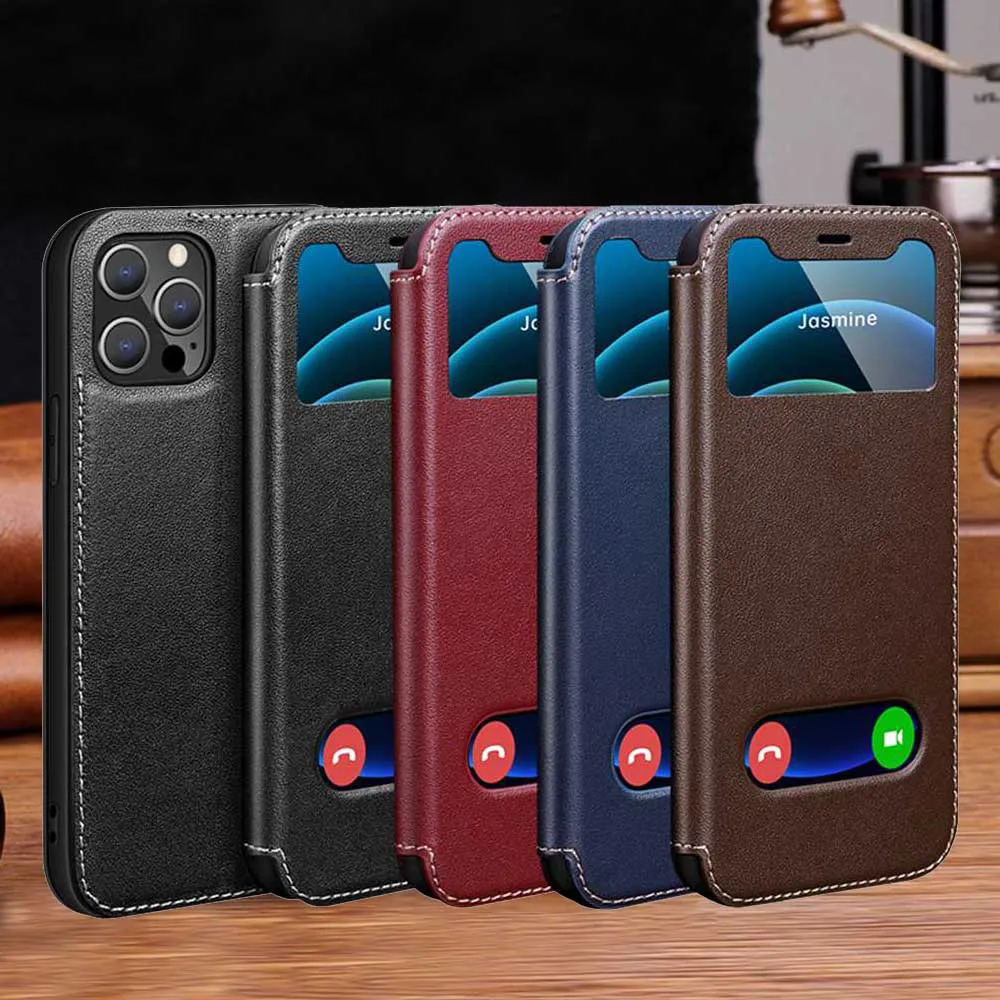 Genuine Leather Flip Case For Apple iPhone 15 14 Pro Max 13 12 Smart Visible Display Window View Magnetic Stand Holder Cover