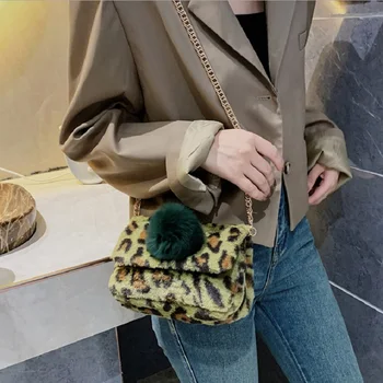 

Cute Leopard Pattern Plush Bags for Women 2020 Winter Casual Crosssbody Messenger Shoulder Bag Mini Lady Flap Handbag Chain Tote