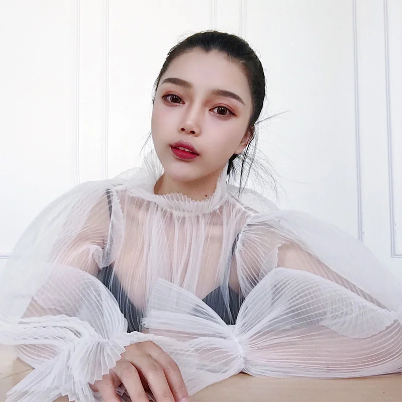 WHITNEY WANG блузки женские осень мода уличная просвечивается гофрированный с сеткой блузка женские блузы рубашки топы