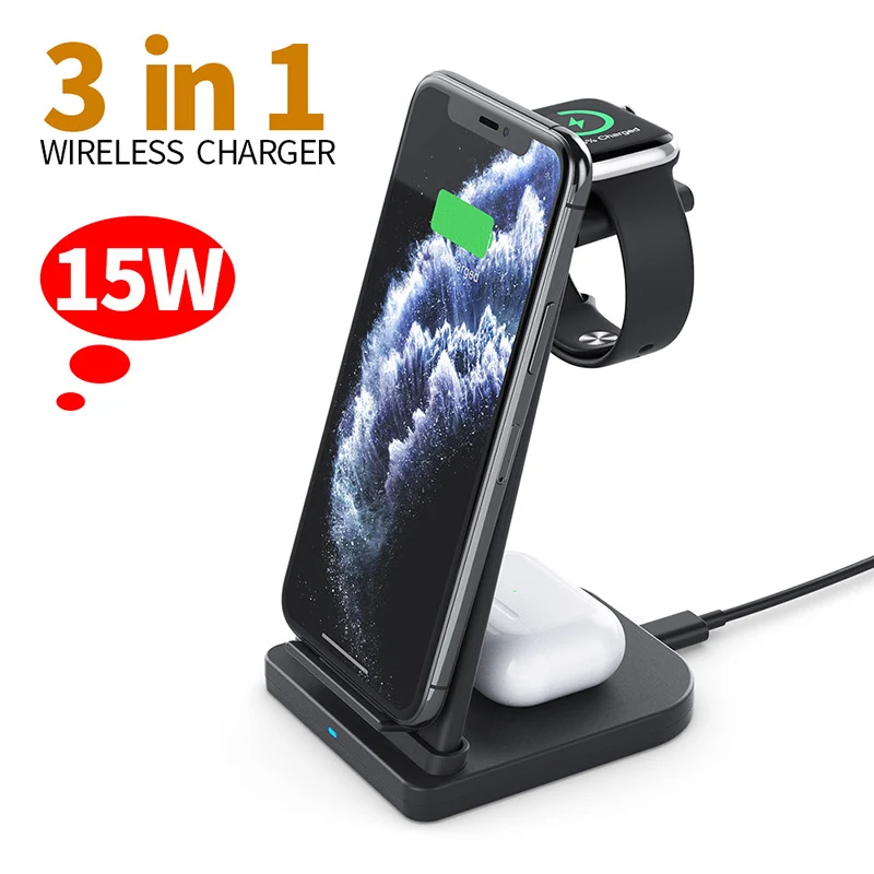 Qi Wireless Charger 15W 3 In 1 Fast Charging Dock Station For iPhone  12 11 Pro X 8 XR XS For Apple Watch 6 5 4 3 2 Airpods Pro