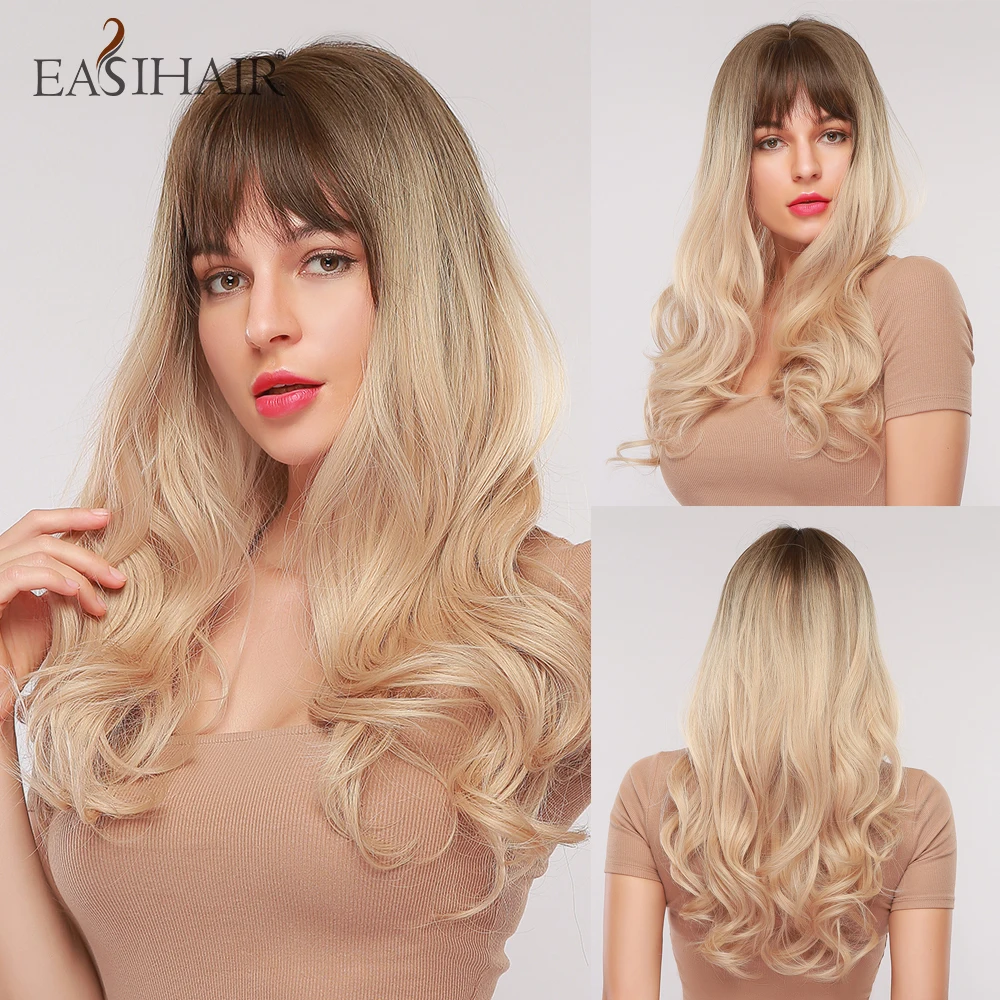 

EASIHAIR Long Brown Blonde Ombre Wave Synthetic Soft Hair Women's Wigs with Bangs Daily Natural Hair Heat Resistant Cute Wig