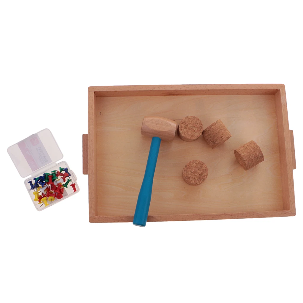 Wooden Tray w/ Beating Nail Hammer Spilings for Montessori Training Kids Toy