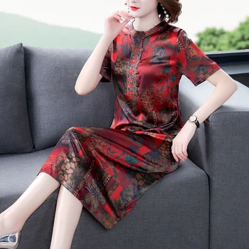 

2020 Free Shipping New Spring And Summer Blockbuster Silk Dress Female Temperament In Fashionable Printed Long Satin Mulberry