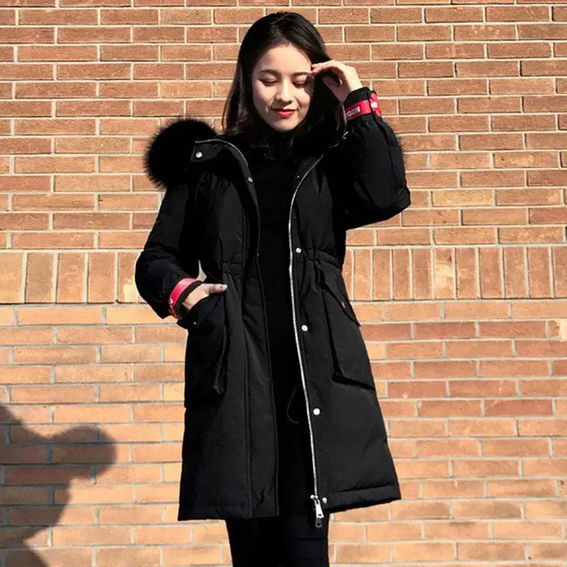 Lusumily Winter Ribbon Design Women's Jacket Cotton Padded Warm Thicken Big Fur Collar Black Long Coats Parka Women Jackets - Цвет: Black
