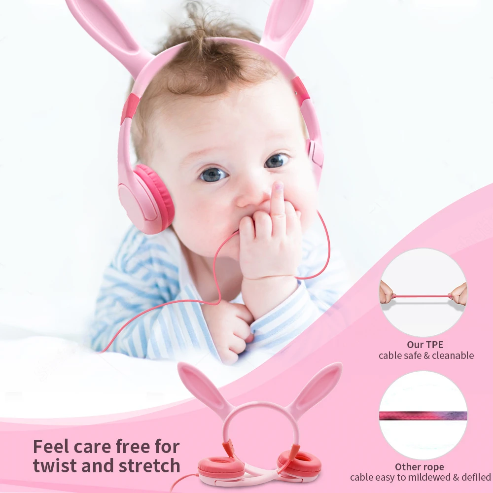Kids Headphones Cute Rabbit Headset Headphones With MIC 81 85dB Child Safe Volume Headset For Smartphone Support Share