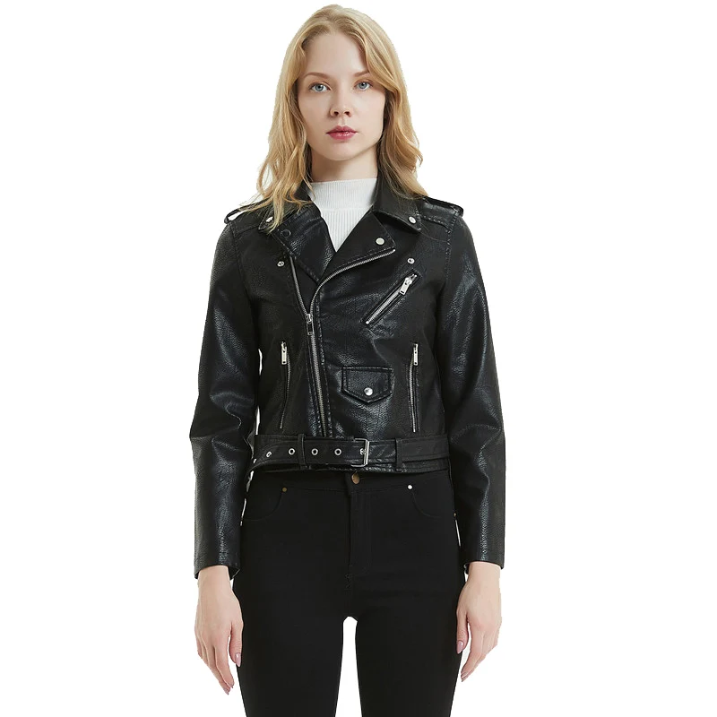 

2019 New Fashion Women Autumn Winter Black Faux Leather Jackets Zipper Basic Coat Turn-down Collar Biker Jacket With Blet