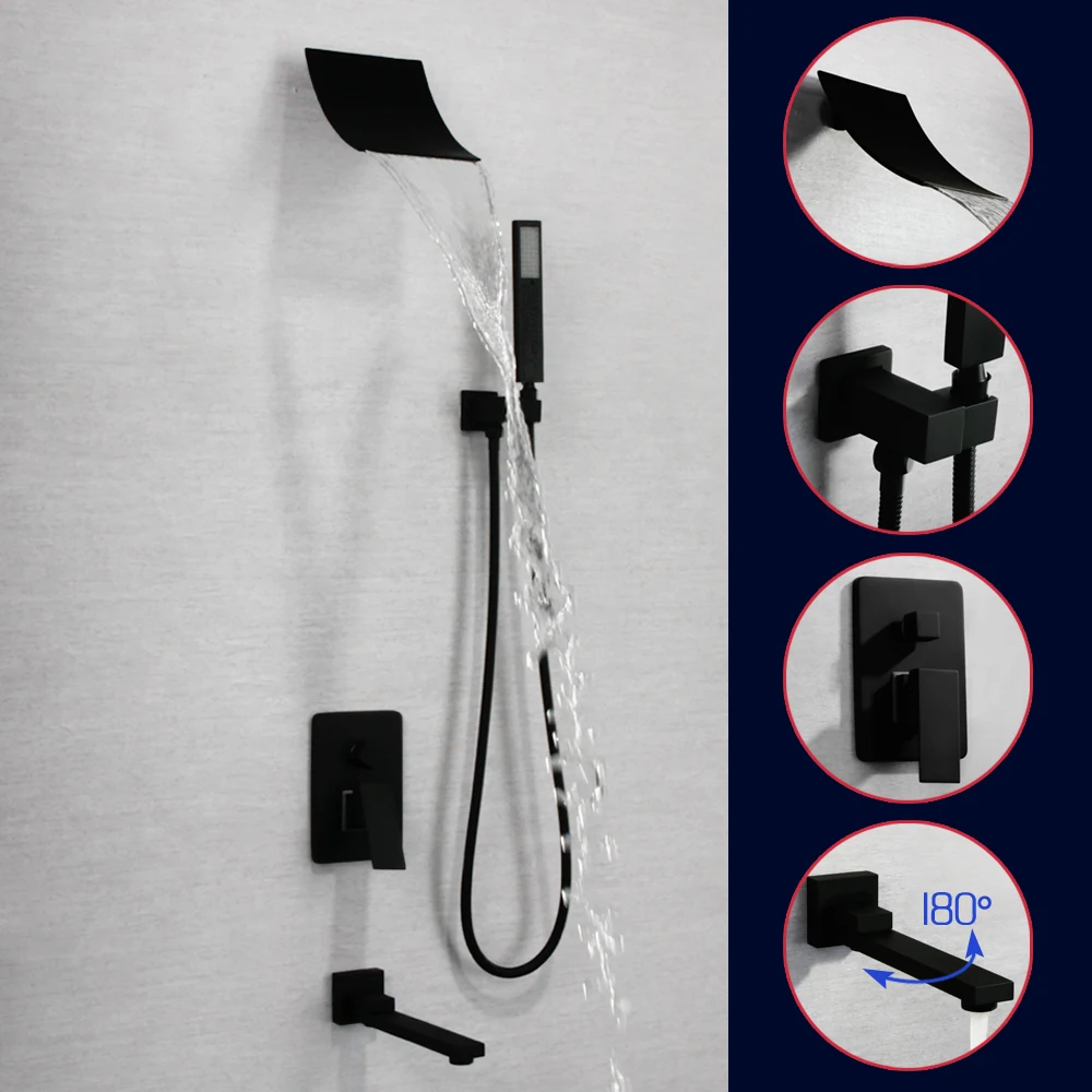 

Набор смесителей для душа SKOWLL «Водопад», настенное крепление, 3 функции, матовый черный цвет, искусственная кожа