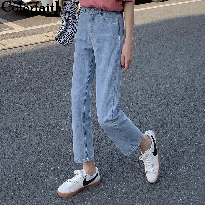 

Colorfaith 2019 Women Jeans Zipper Straight Boyfriends Korean Style High Waist Ankle-Length Pants Vintage Blue Denim Jeans J8016