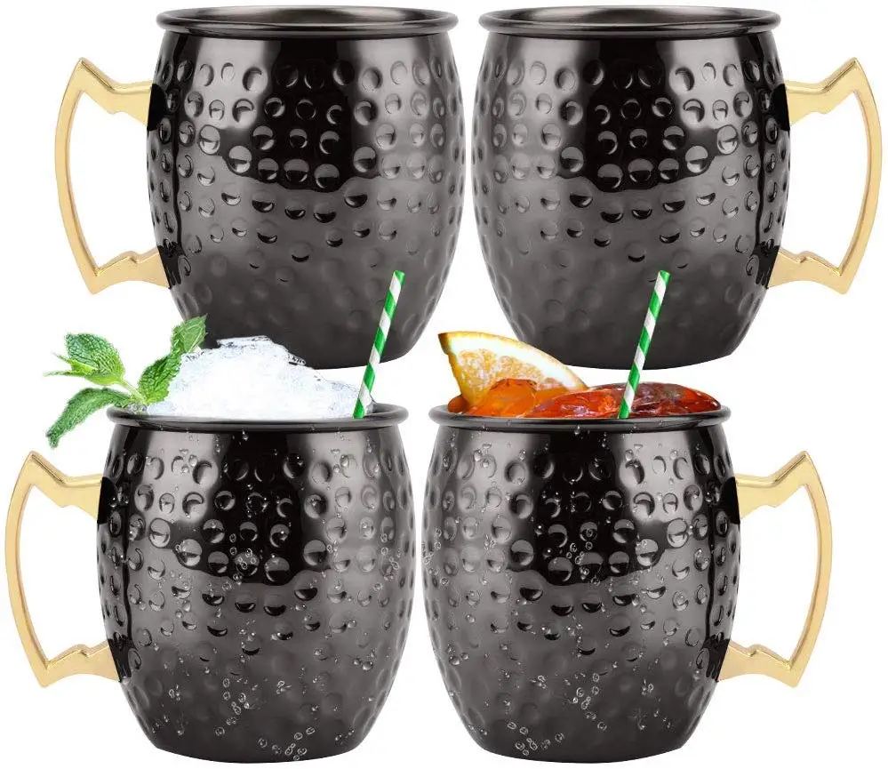 

Moscow Mule Copper Mugs Cup Set of 4 Stainless Steel Hammered with Brass Handle Solid Handcrafted 16oz coffee mug coffee cup