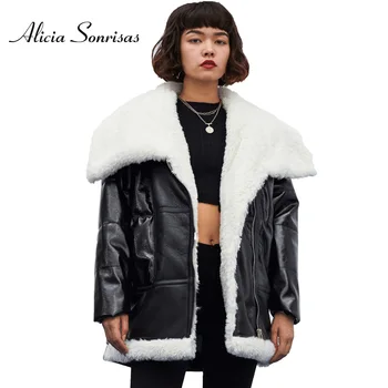 

Locomotive Glossy Faux Leather Jacket Women Large Fur Collar Loose Thick Velvet Leather Women's Winter PU Leather Coat