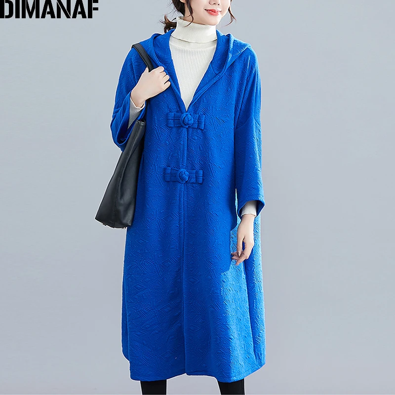 DIMANAF, Женская куртка, пальто, Осень-зима, толстая, Ретро стиль, китайский стиль, женская верхняя одежда, свободный, длинный рукав, с капюшоном размера плюс - Цвет: Jing5918CN-lan
